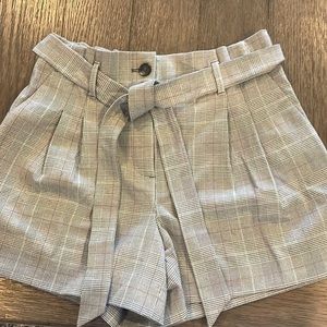 Loft women’s shorts, size 8, paper bag waist with tie belt, gray plaid